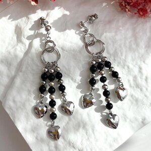 Black Beaded Heart Shaped Dangle Triple Chain Vintage Silver Toned Earrings